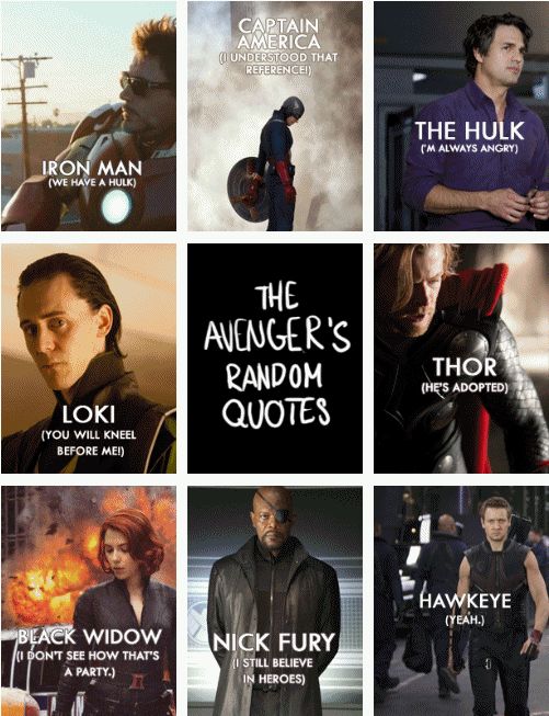 the avengers movie quotes are shown in this collage