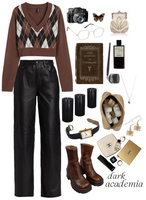 Brown Pants Dark Academia, Black Academia Outfit Summer, Polyvore Dark Academia, Dark Acedamia Outfits Feminine, Dark Academia Outfit Board, Dark Academia Outfit Pants, Dark Academia Loungewear, Dark Academia Witch Outfit, Dark Academia Outfit Autumn