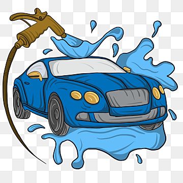 a blue car is being washed with water, cartoon, character png and psd