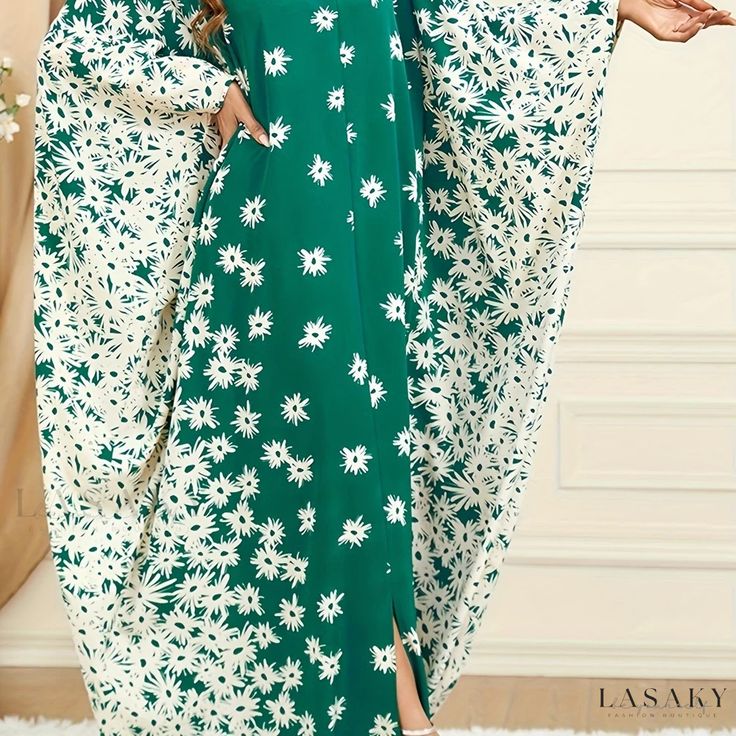 Lasaky - Womens Plus Size Kaftan Dress: A Sophisticated & Elegant Floral Print Batwing-Sleeved Maxi Jalabiya Dress with Round Neck & Split Hem V-neck Floral Print Dress For Eid, Floor-length Floral Print Kaftan For Eid, Eid Floral Print Floor-length Kaftan, Eid Floral Print Long Sleeve Abaya, Floral Print Long Sleeve Kaftan For Eid, Long Sleeve Floral Print Kaftan For Eid, Elegant Long Sleeve Printed Kaftan, Printed V-neck Dress For Eid, Long Floral Print Dresses For Eid