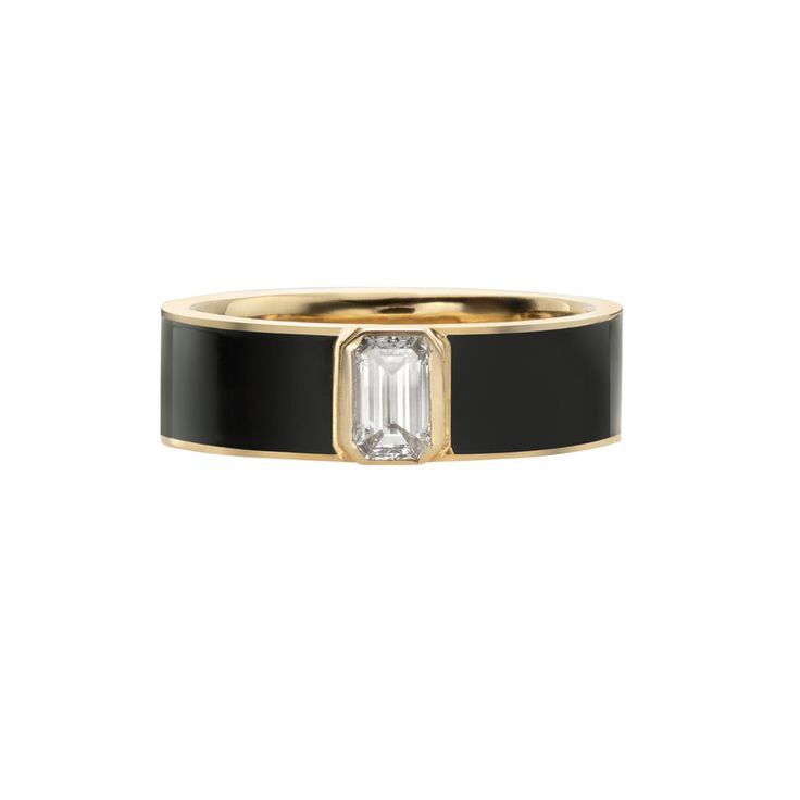 Cate Ring in White Enamel - Nora Kogan Luxury Black Enamel Fine Jewelry Ring, Luxury Black Enamel Anniversary Ring, Luxury Modern Black Enamel Ring, Elegant Yellow Gold Enamel Ring With Single Cut Diamonds, Elegant Yellow Gold Enamel Ring With Bezel Setting, Elegant Octagon Diamond Ring With Bezel Setting, Elegant Formal Enamel Ring With Single Cut Diamonds, Elegant Emerald Ring With Smooth Bezel For Anniversary, Elegant Gold Enamel Ring With Bezel Setting