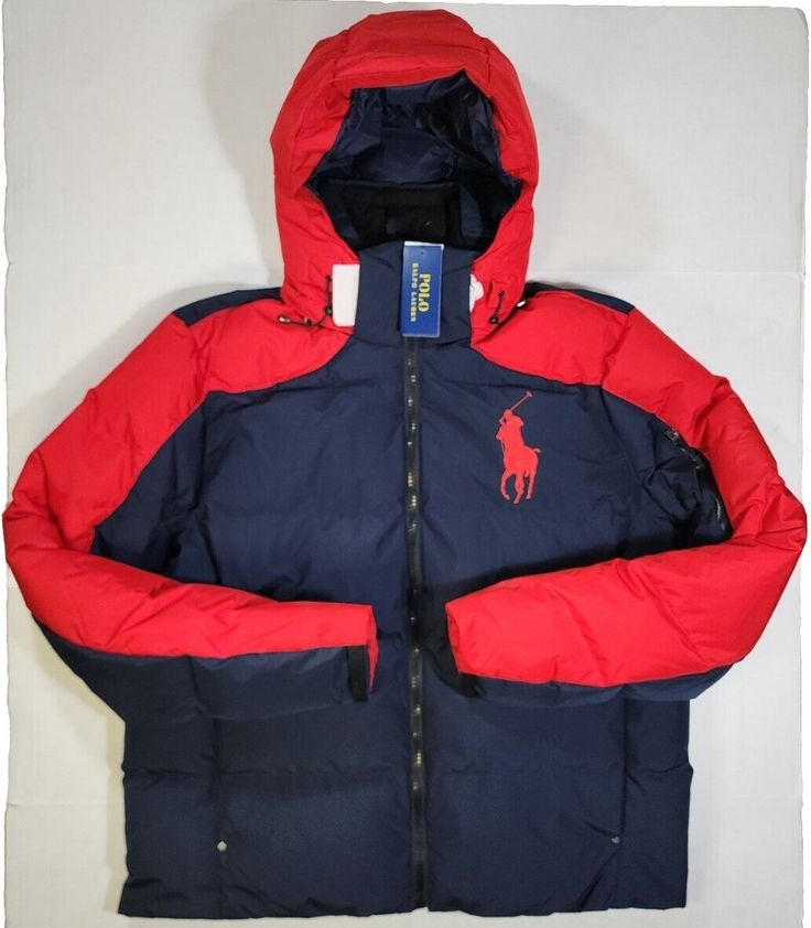 Polo Ralph Lauren Tyrol Big Pony Hooded Down Fill Puffer Jacket/Coat In Men's Size XL. Navy/Red 2-Tone Pattern With Big Red Embroidered Pony Logo On Chest. New With Tags. Please See Pictures For Measurements To Ensure Fit Before Purchasing. See Pictures For Measurements And More Detail. What You See Pictured Is Exactly What You Will Receive. Guaranteed Authentic. Just Use The QR Scanner On Your Smartphone To Scan The Tag On The Inside Collar Of The Jacket. You Will Be Taken To The Ralph Lauren W Hooded Windbreaker With Padded Collar For Outdoor, Winter Hooded Sport Coat With Drawstring, Winter Sport Coat With Detachable Hood, Red Hooded Sport Coat For Winter, Hooded Red Sport Coat For Winter, Hooded Windbreaker With Padded Collar, Sporty Outdoor Hooded Jacket With Padded Collar, Cold Weather Sport Coat With Detachable Hood, Sporty Hooded Jacket With Padded Collar For Outdoor