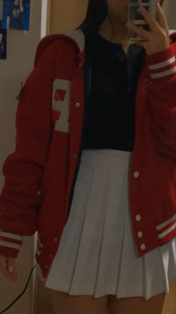 Letterman Jacket And Skirt, Red Preppy Aesthetic, Varsity Jacket Outfit Aesthetic, Letterman Jacket Outfit, White Tennis Skirt Outfit, Preppy Outfits Aesthetic, Musical Outfits, Varsity Jacket Outfit, Characters Outfits