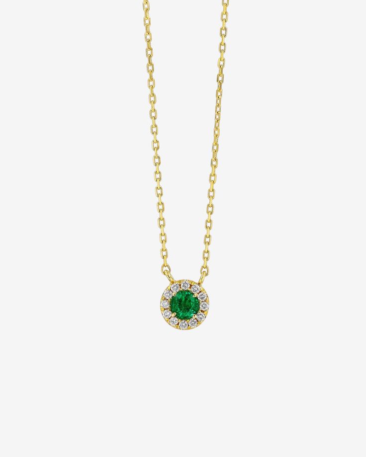 Suzanne Kalan Bold Emerald Mini Round Pavé Pendant in 18k yellow gold Classic Round Emerald Necklace With Diamond Accents, Green Pave Setting Jewelry For Gift, Green Jewelry With Pave Setting For Gift, Diamond Halo Jewelry For May Birthstone, May Birthstone Diamond Halo Jewelry, Yellow Gold Jewelry With Pave Setting For May Birthstone, Classic Emerald Necklace With Diamond Accents, Elegant Green Jewelry With Pave Setting, Elegant Green Emerald Necklace