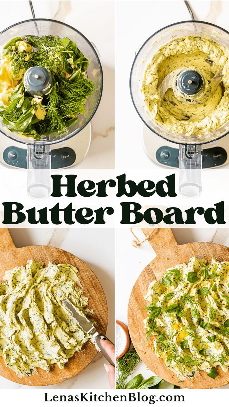 four pictures showing how to make herb butter board with spinach and other ingredients in a food processor