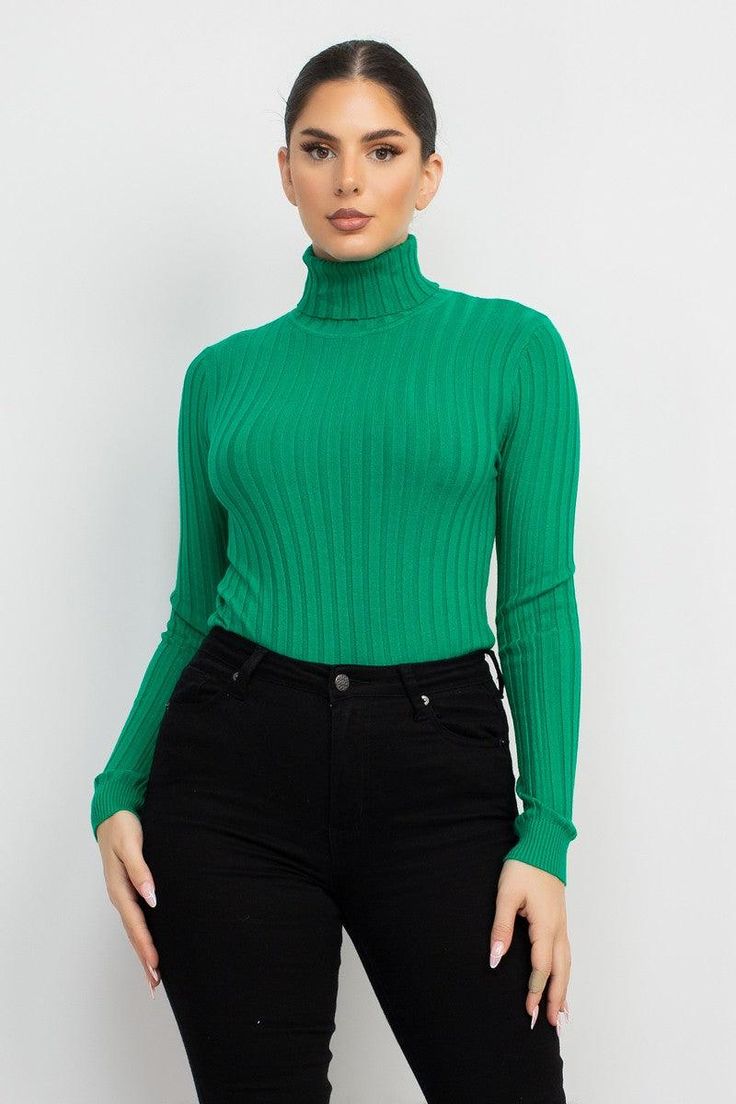 Ribbed Turtleneck Sweater - RK Collections Boutique Ribbed Solid Stretch Tops, Solid Ribbed Stretch Top, Solid Stretch Ribbed Tops, Stretch Solid Ribbed Top, Green Fitted Casual Turtleneck, Chic Ribbed Turtleneck Tops, Green Knit High Neck Top, Green High Neck Knit Top, Green High-neck Knit Top