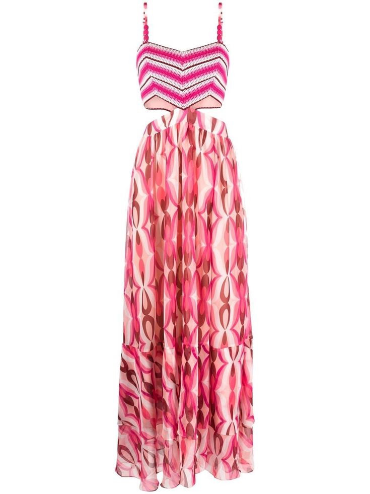 pink all-over graphic print spaghetti straps cut-out detailing Crochet Maxi Dress, Crochet Maxi, Crochet Fabric, Stylish Clothes, Dress Pink, Curator Style, Hair Pieces, Pretty Dresses, Day Dresses