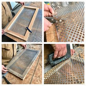 four pictures showing how to use a grate for cutting metal sheet with scissors and pliers