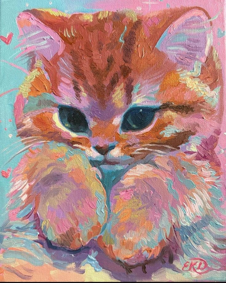 an oil painting of a cat with blue eyes and paws on it's chest