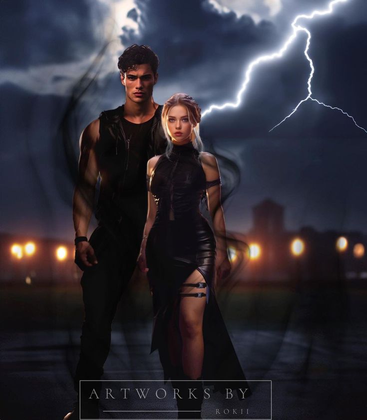 a man and woman standing next to each other in front of a dark sky with lightning