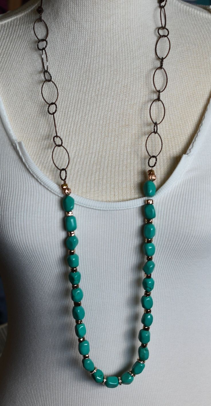 Beautiful long turquoise necklace with gold beads and bronze chain necklace/boho turquoise necklace This gorgeous piece of women's jewelry is made of high quality genuine turquoise, gold and bronze  beads. Physical Healing Properties Being a Throat Chakra stone, Turquoise helps to heal all issues in that area. If you have a sore throat, respiratory issues, allergies, migraines, and other physical ailments that run through the ears, nose, throat, and lungs, then Turquoise is ever keen to lend a h Adjustable Turquoise Necklaces With Gold Beads, Adjustable Turquoise Necklace With Gold Beads, Bohemian Chain Necklace With Round Beads And Adjustable Chain, Turquoise Brass Necklaces For Jewelry Making, Turquoise Long Beaded Chain Necklace, Bohemian Beaded Chain Copper Necklaces, Bohemian Chain Necklace With Dangling Beads For Gift, Bohemian Copper Beaded Chain Necklaces, Handmade Bohemian Necklace With Round Beads