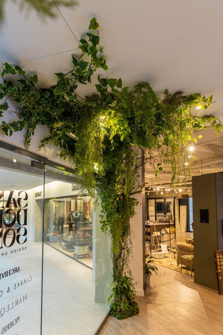 the inside of a store with plants growing on the wall and glass doors that lead to an indoor dining area