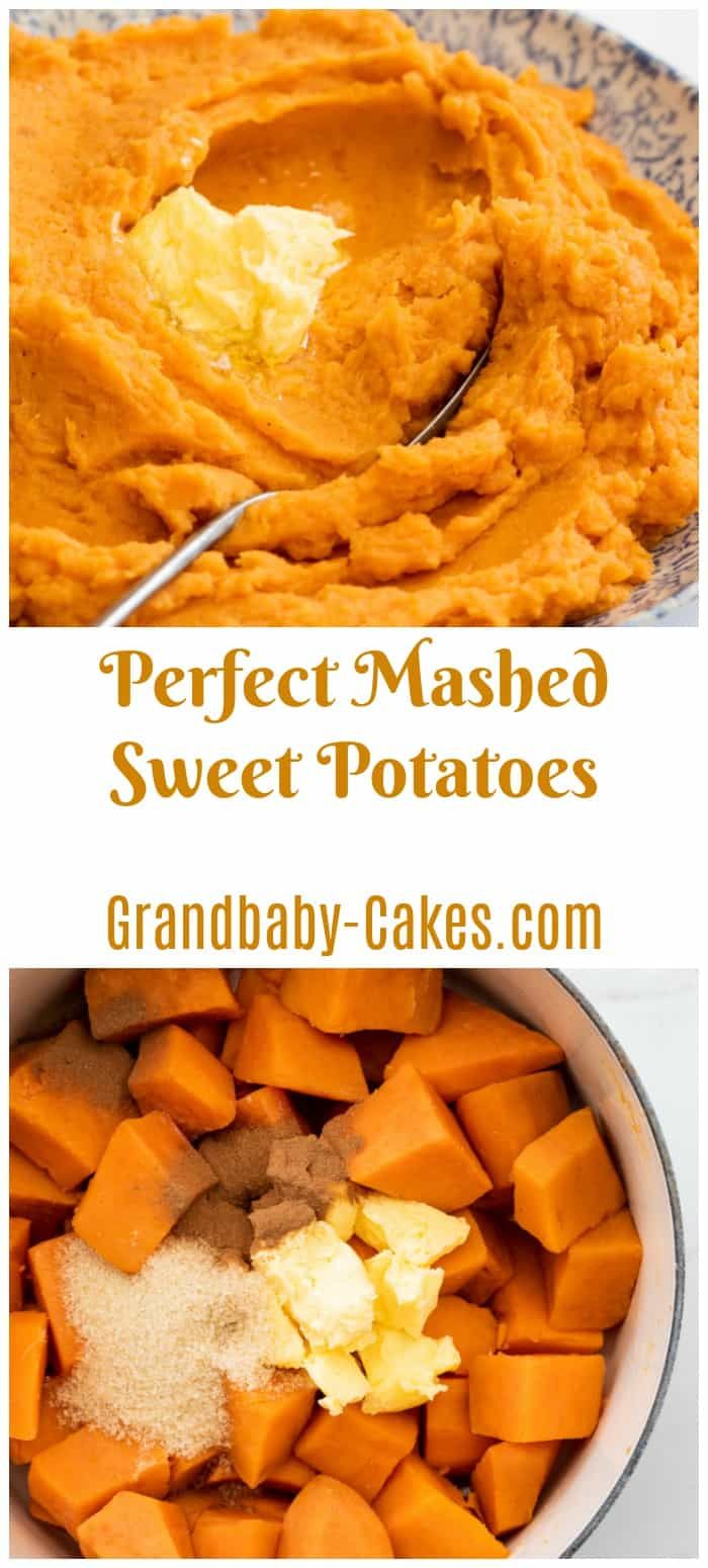 sweet potato mashed potatoes in a bowl with butter and cinnamon on the side, next to an image of baked mashed sweet potatoes