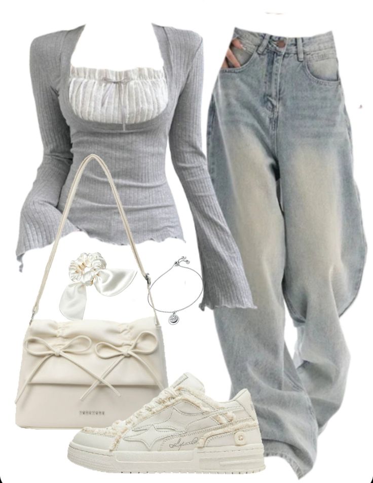 OOTD: Fungus He Long Sleeve Tee + Boyfriend Jeans + Leather Shoulder Bag + Patchwork Sneakers Cute Outfits White Background, Aesthetic Tops Outfit, Y2k Outfits Female, 2000s Clothes Aesthetic, Cute Style Outfits Girly, Fav Aesthetic Outfit, Diffrent Aesthics Style, Dazecore Outfit, Clothing Inspiration Aesthetic