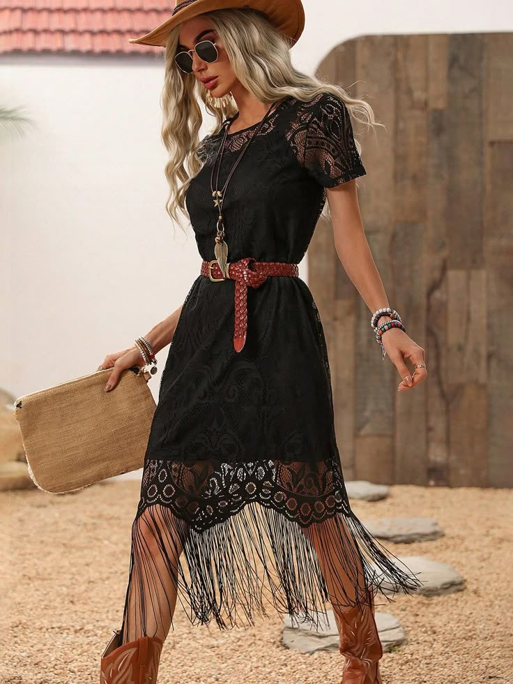 Country Black Dress Outfit, Cowgirl Black Dress, Women’s Western Work Outfits, Country Glam Outfit Western Chic, Semi Formal Western Outfits For Women, Black Country Dress, Cowgirl Dress Outfits, Velvet Dress With Boots, Western Dresses With Boots