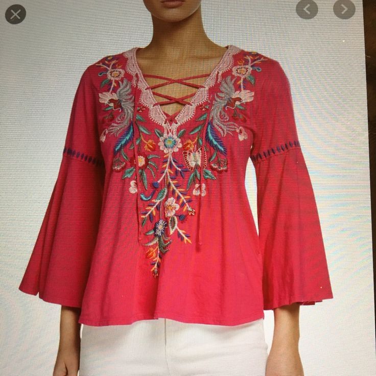 Nwt Johnny Was Bisous Embroidered Lace Up Deep Pink/Fuscia Swing Blouse Top Size Small 19” Across The Chest, 24- 24.5” Length From A Smoke Free And Pet Friendly Home. Pink V-neck Top With Floral Embroidery, Spring V-neck Top With Embroidered Sleeves, Spring V-neck Embroidered Top With Sleeves, V-neck Embroidered Top With Sleeves For Spring, Casual Pink V-neck Embroidered Top, Bohemian Embroidered Top For Spring, Intricate Embroidery V-neck Tops, Fitted Pink Embroidered Top With Floral Details, Fitted Pink Top With Floral Embroidery