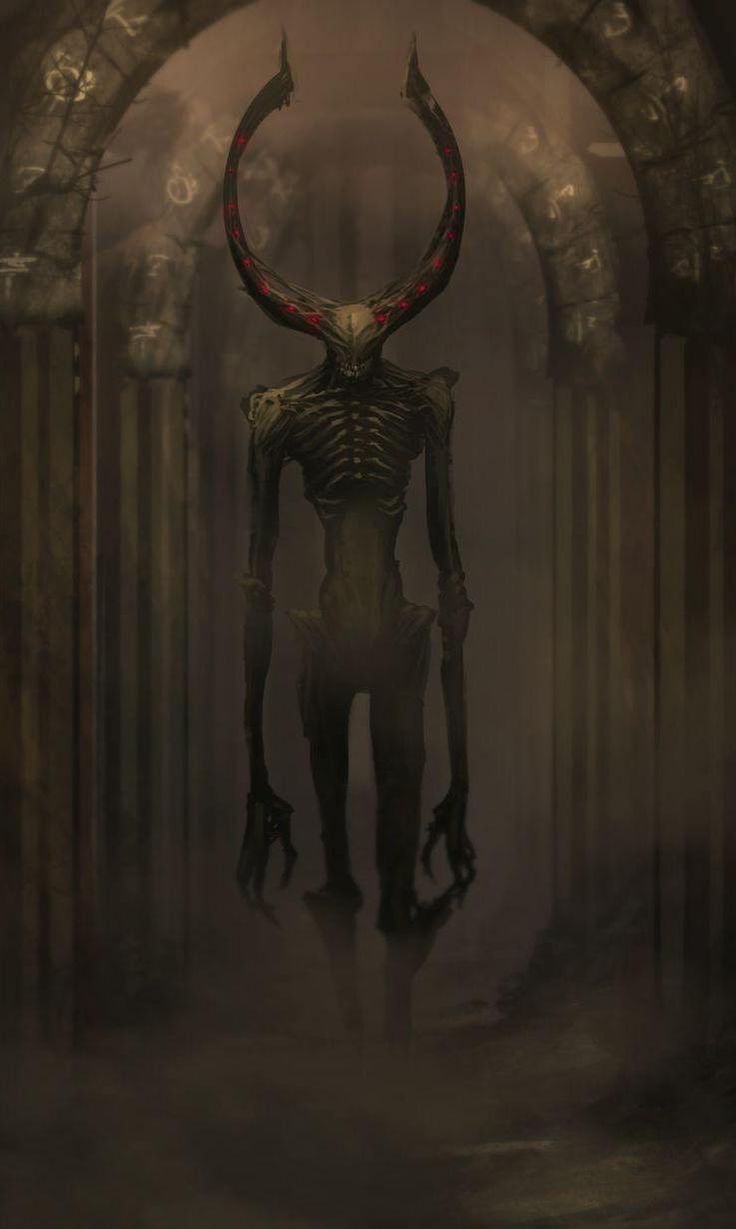 an image of a demonic demon standing in the middle of a hallway with columns and pillars