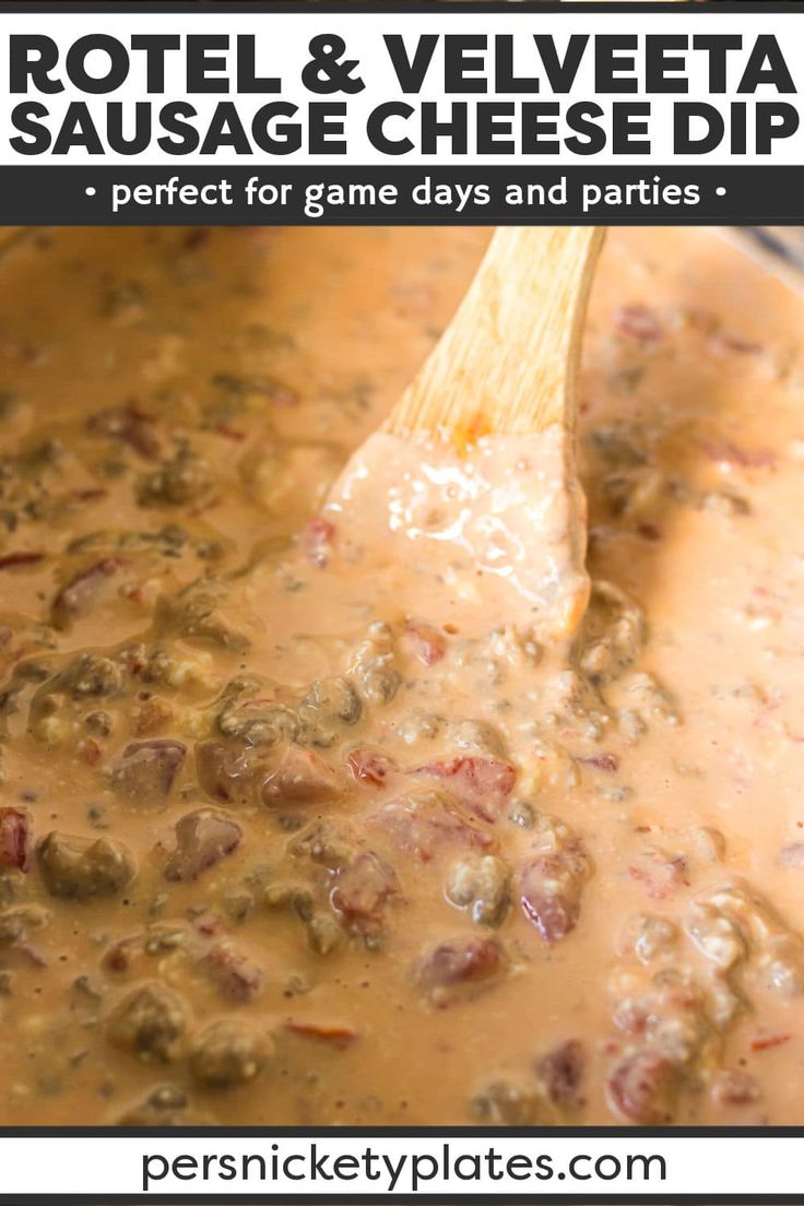 a wooden spoon is in a pot filled with cheese and sausage dip, next to the words rottel & velveeta sauce cheese dip perfect for game days and parties