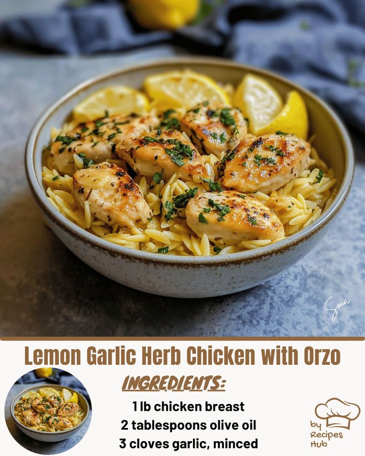 Lemon Garlic Herb Chicken with Orzo Chicken With Orzo, Chicken Fajita Pasta, Garlic Herb Chicken, Mexican Casserole Recipe, Lemon Butter Chicken, Chicken Parmesan Pasta, Chicken Pasta Bake, Herb Chicken, Garlic Parmesan Chicken