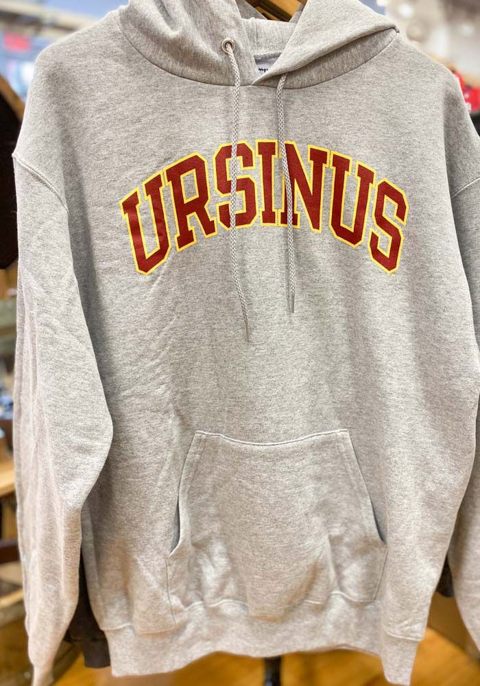 Champion Ursinus Bears Mens Grey Arch Mascot Long Sleeve Hoodie - 14753912 Gray Sports Sweatshirt With Kangaroo Pocket, College Gray Fleece Hoodie, Gray Fleece Hoodie For College, Gray Sweatshirt With Kangaroo Pocket For Sports, Fall Sports Event Hoodie With Logo Print, Gray Sporty Hoodie With Embroidered Logo, Fan Apparel Cotton Sweatshirt With Kangaroo Pocket, Collegiate Winter Sports Sweats, Sporty Gray Hoodie With Embroidered Logo