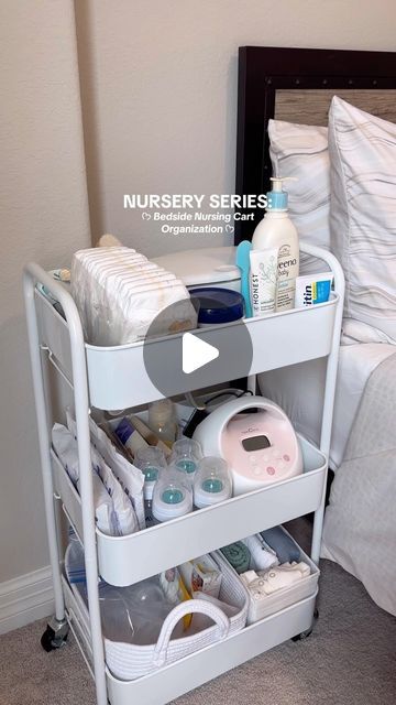 a white cart filled with lots of personal care items next to a bed in a bedroom