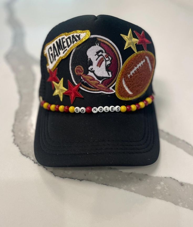 Custom FSU Seminoles hat:  OTTO Trucker Hat, high quality patches, hand beaded hat chain. Trendy Adjustable Beaded Hats, Hat Business, Hat Chain, Fsu Seminoles, Beaded Hat, Hat Patches, Tampa Fl, Hand Beading, Trucker Hats