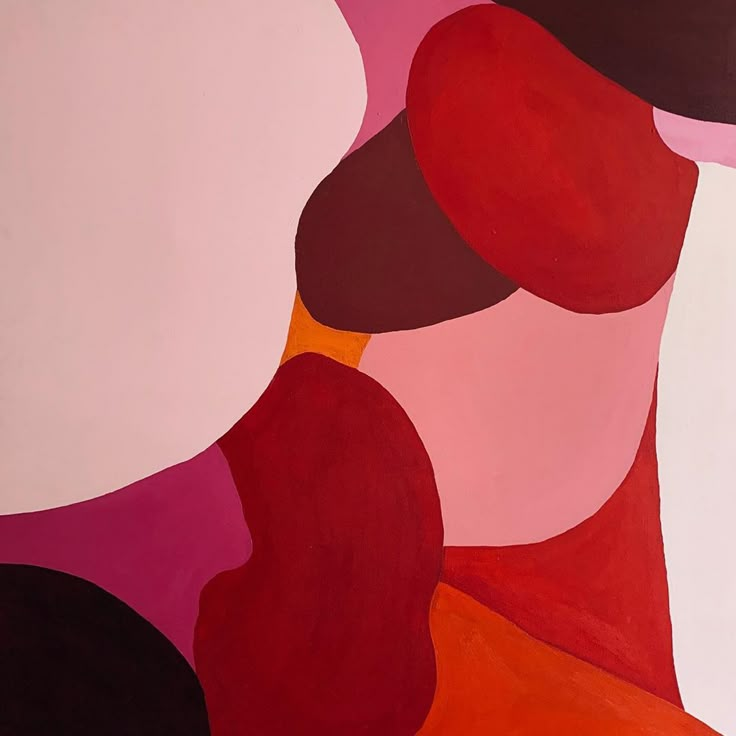 an abstract painting with red, pink and black shapes