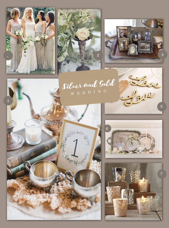 a collage of photos with gold and white wedding decorations, candles, pictures, and other items