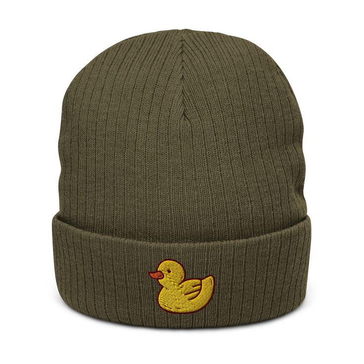 Yellow Duck Embroidered Ribbed Knit Beanie, Kawaii Baby Ducky, Adult Winter Hat, Toy Rubber Duck Hat, Cute Gift For Duck And Nature Lovers. You can't go wrong with the ribbed knit beanie! It's stylish, warm, and fitting for most clothing styles and head sizes. * 50% recycled polyester and 50% acrylic * Double layer knit * Cuffed beanie * 8.27″ (21 cm) in length * Blank product sourced from China Cute Knitted Cap Beanie, Knitted Cotton Cap, Playful Cotton Beanie, Novelty Green Beanie Hat, Novelty One Size Fits Most Cap Beanie, Novelty Cap Beanie One Size Fits Most, Playful Cotton Winter Hat, Novelty One-size-fits-most Beanie Cap, Fun Cotton Beanie Hat