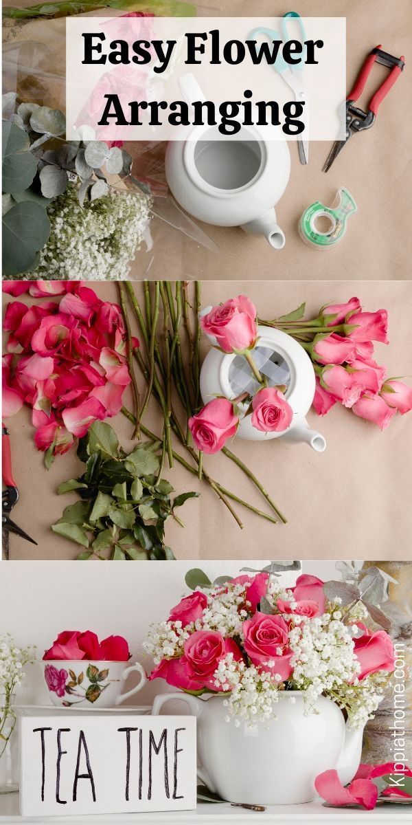 flowers are arranged in white vases with pink roses on them and the words easy flower arranging