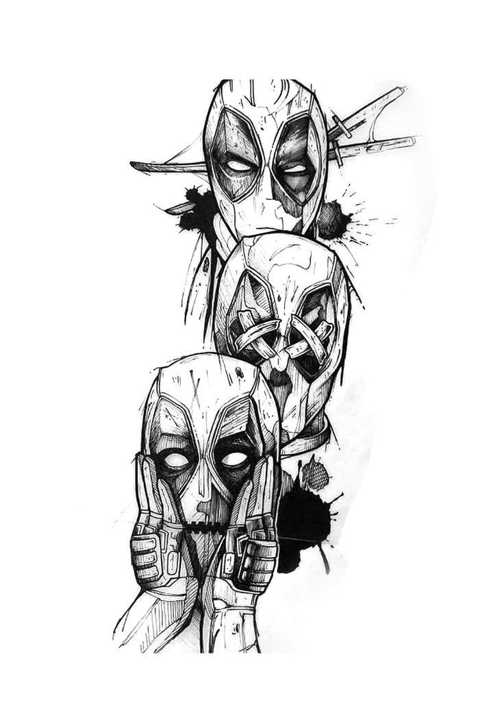 an ink drawing of three alien heads