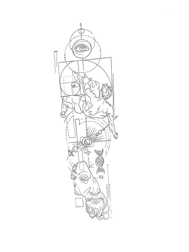 a line drawing of an abstract design with people in the center and one person on top