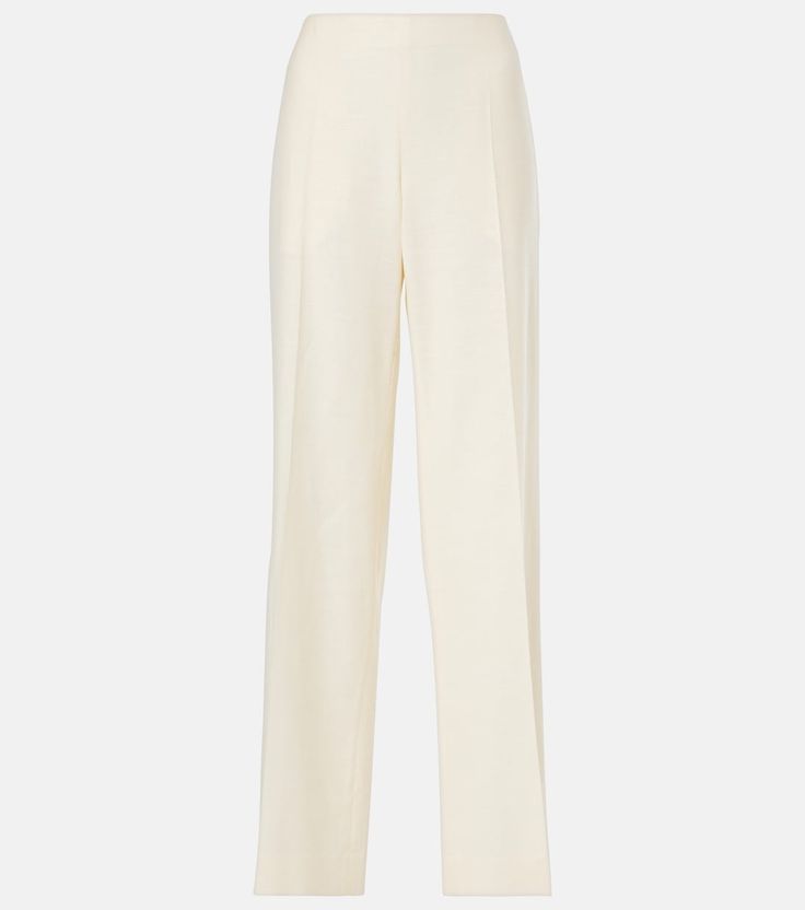 Foulard wool, silk and linen straight pants in white - The Row | Mytheresa Classic Linen Pantsuit For Formal Occasions, Formal Wool Wide Leg Pants For Spring, Classic Silk Straight Leg Bottoms, Silk Straight Pants For Workwear, Silk Straight Pants For Work, Elegant Linen Pantsuit For Formal Occasions, Elegant Linen Pantsuit For Formal Events, Luxury Straight Leg Pantsuit, Classic Spring Linen Pantsuit