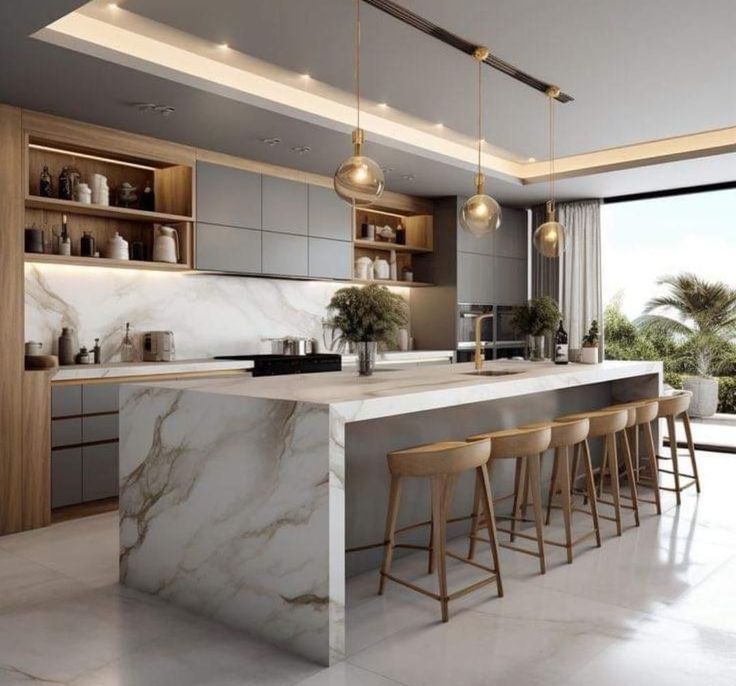 a modern kitchen with marble counter tops and bar stools in front of an open window