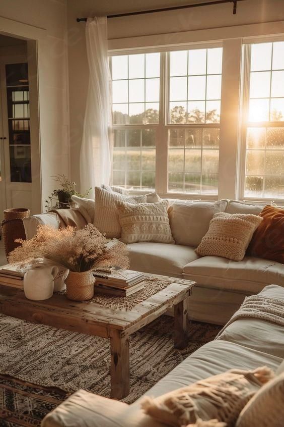 a living room with couches, tables and pillows on the floor in front of large windows