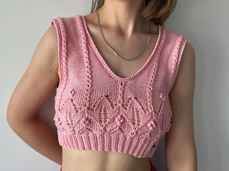 Summer crop top "TULIP" 🌷 ▪️Handmade knitted from 100% cotton. ▪️Size: S-M ▪️Color: Pink Light summer top is perfect for sunny day as well as for evening outings 🌸☀️ In this top your skin breathes and you shine brightly 🤩 Available in one copy, original flowery pattern 😃 How to care: ▫️hand wash in cool water ▫️dry on a flat surface, you can use a towel 🔺Do not iron You can ask me for exact dimensions. Ready to be shipped 📦 Thank you for visiting my shop! Spring Cropped Pink Knit Top, Spring Pink Cropped Knit Top, Fitted Pink Cropped Knit Top, Pink Fitted Cropped Knit Top, Fitted V-neck Pink Crochet Top, Fitted Pink Knitted Top, Handmade Casual Crochet Top For Summer, Summer Pointelle Knit Crop Top, Trendy Fitted Pink Crochet Top