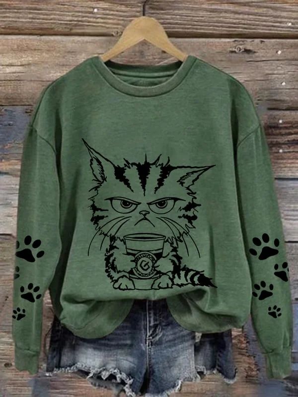 Women's Merry Christmas Print Sweatshirt Casual Winter Tops With Cat Print, Casual Long Sleeve Sweater With Cartoon Print, Casual Winter Tops With Cartoon Print, Casual Long Sleeve Tops With Cat Design, Casual Winter Sweater With Cat Print, Casual Cat Print Sweater For Winter, Oversized Crew Neck Tops With Cat Print, Oversized Cat Print Crew Neck Top, Winter Crew Neck Top With Cat Print