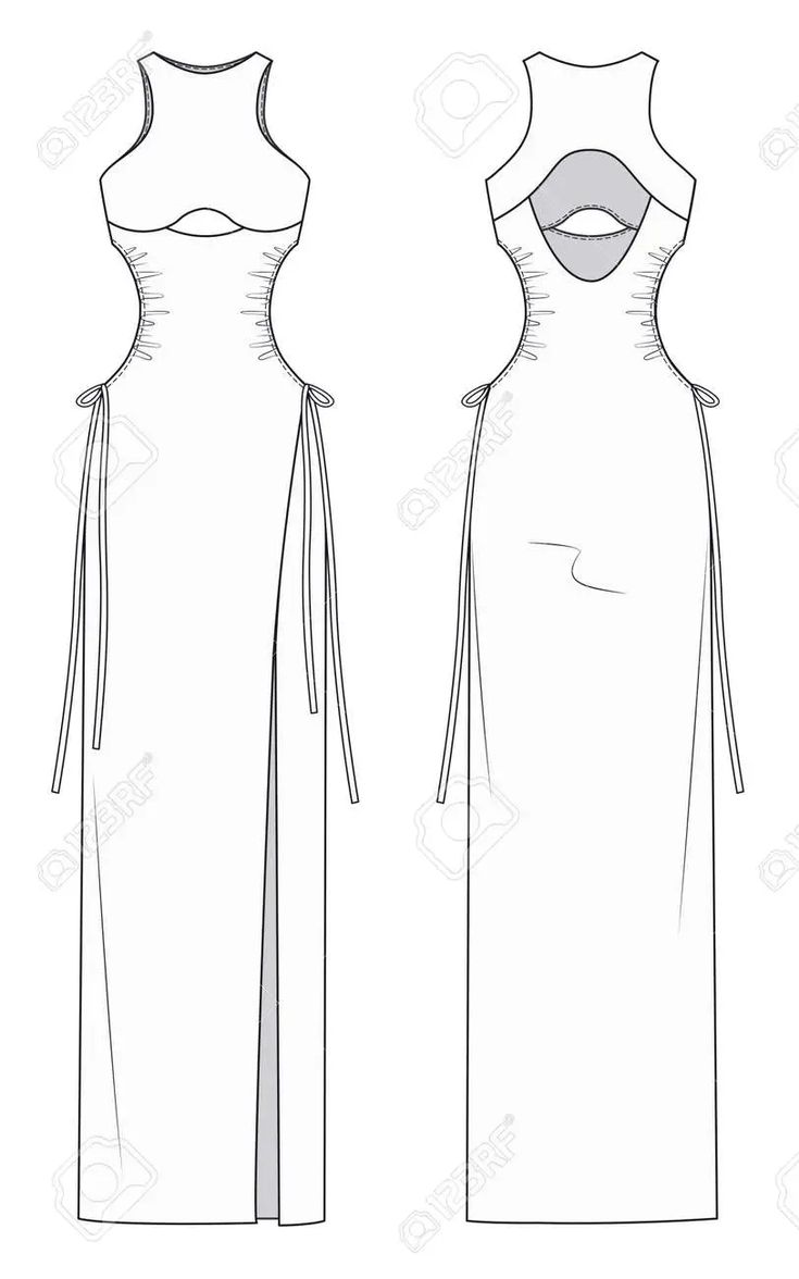 Women Long Dress technical drawing template. Girl Cutouts Dress fashion flat sketch template. Cutouts Dress with long ties. Jersey dress design template. Technical Illustration Fashion, Fashion Design Technical Drawing, Flat Pattern Fashion Technical Drawings, Sketch Clothes Design, Dress Technical Flat, Fashion Illustration Template Women, Technical Drawing Fashion Dress, Sketch Dress Design, Clothes Design Sketches Women