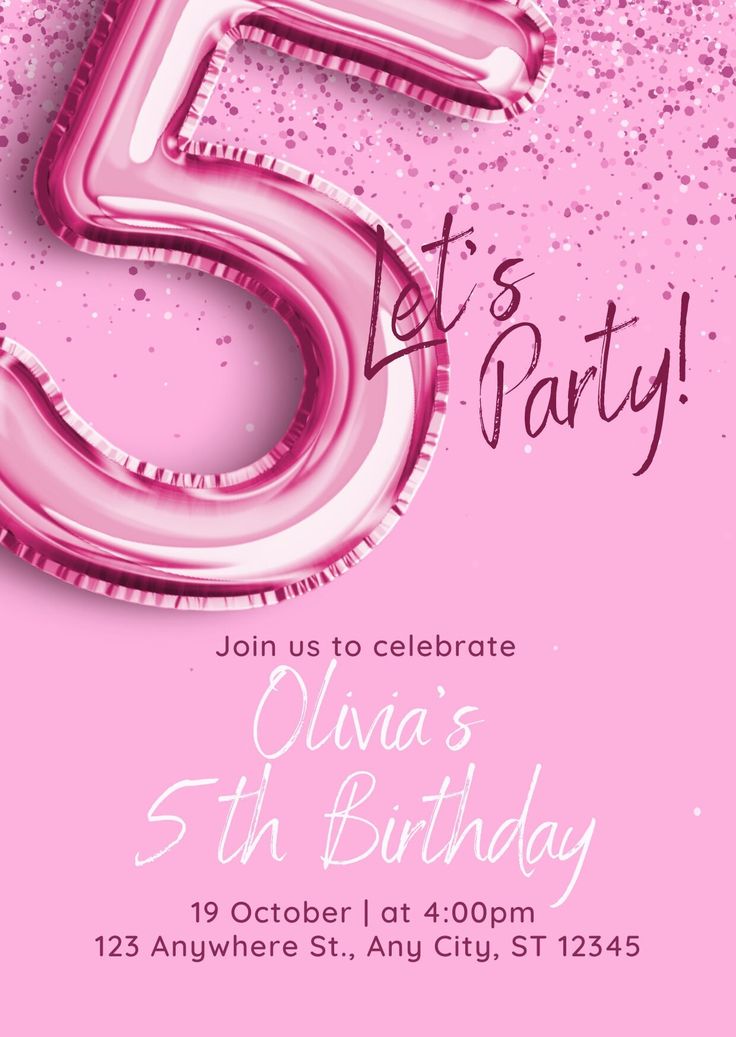 a pink birthday party card with the number five on it's front and back