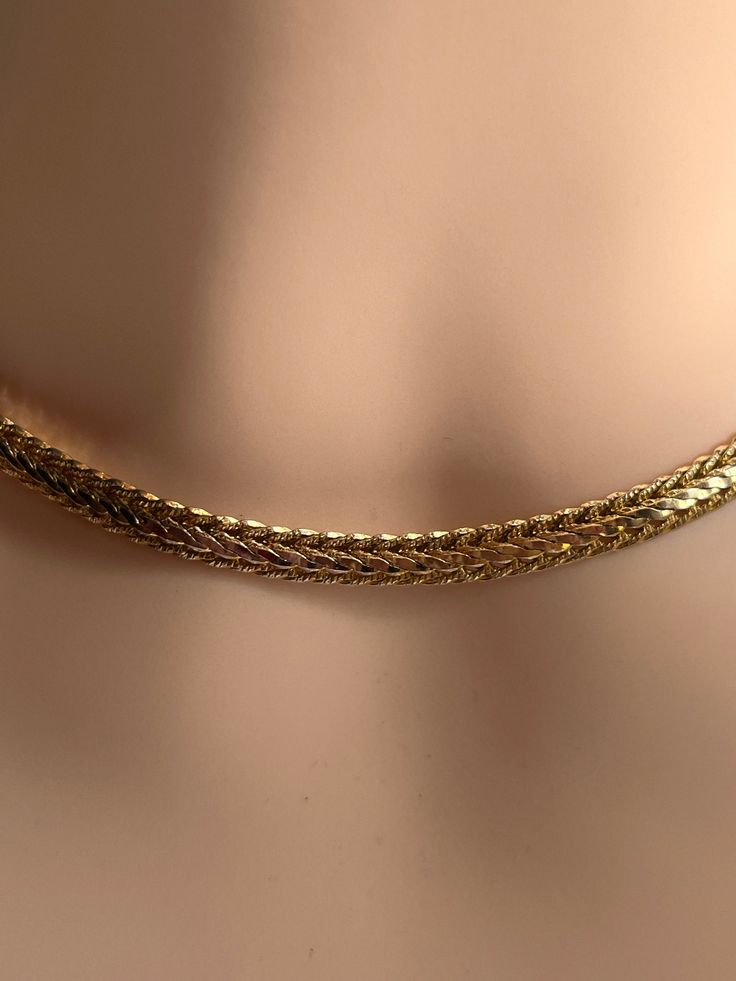 Very elegant Grecian style mesh collar necklace in gold tone vermeil.  It has 'brushed' textured links accented by smooth gold detailing. Good quality necklace with hardly any signs of wear. A really easy to wear piece. Spring ring clasp.  Length is 41 cm / 16.20".  Height is 5 mm.  Gold tone metal.   Let me know if you require longer length and I can add extension chain, no extra charge. This is vintage so any wear is all part of its character.  Vintage/Used items may show signs of wear, I do t Elegant Gold Herringbone Necklace With Curb Chain, Elegant Gold Herringbone Choker Necklace, Gold Herringbone Chain Necklace For Formal Occasions, Delicate Gold Snake Chain Necklace For Formal Occasions, Gold Formal Herringbone Necklace, Formal Gold Snake Chain Necklace With Delicate Chain, Formal Gold Herringbone Chain Necklace, Formal Gold Herringbone Necklace, Formal Gold Herringbone Necklace With Adjustable Chain