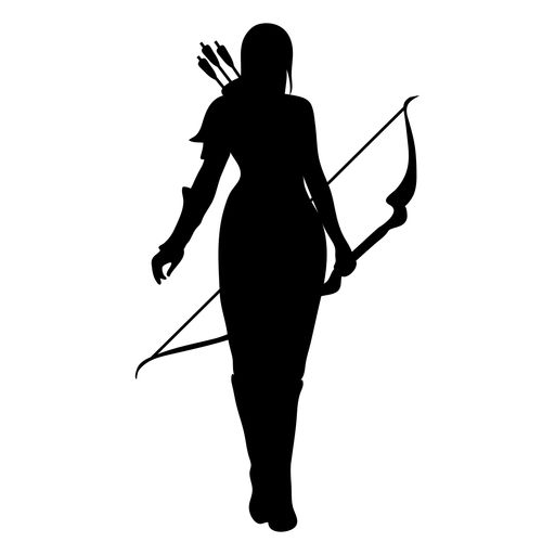 the silhouette of a woman with arrows in her hand and an arrow behind her back