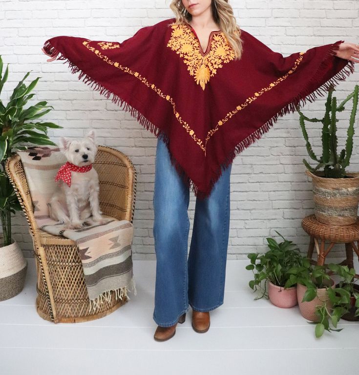 Vintage Embroidered Poncho | Open Size | Crimson  Bohemian Hippie Shawl Top | Fringe Pullover Boho Cape | Floral Kashmiri Soft Wool Fabric Hippie Shawl, Embroidered Poncho, Boho Cape, Shawl Top, Embroidered Cape, Gimme Shelter, V Style, Model Reference, Ladies Poncho