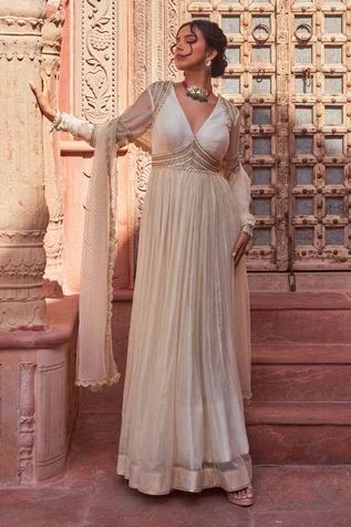 Shop for Nidhika Shekhar Ivory Foil Georgette Basant Rani Embroidered Bodice Anarkali With Dupatta for Women Online at Aza Fashions Anarkali With Dupatta, Floor Length Anarkali, Blouse Yoke, Gathered Fabric, Georgette Anarkali, Embroidery Beads, Embroidered Bodice, Beaded Neckline, Pattern Embroidery