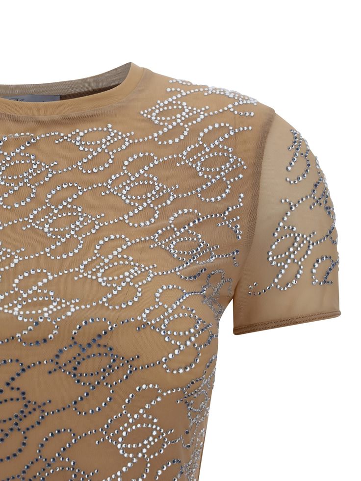 T-shirt by blumarine, ribbed crew neck, iconic brand monogram repeated all-over by means of applied glitter, sheer tulle stock sleeves, regular fit. Rosé Model, Brand Monogram, Pleats Please Issey Miyake, Luxury Shop, Exotic Pets, Yoga Wear, Online Bags, Playful Design, Luxury Boutique