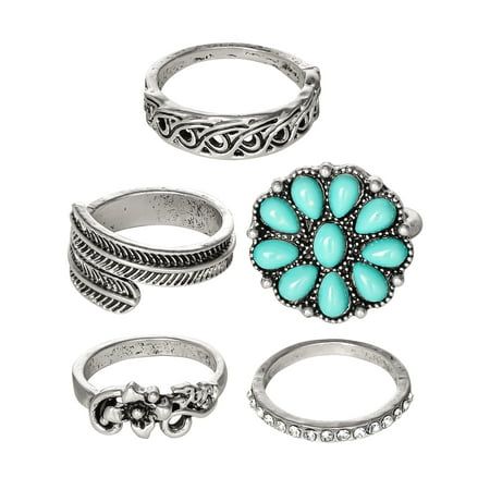 Jessica Simpson Faux silver tone, Turquoise Stone Ring Set, Set of 5. This Jessica Simpson turquoise ring encapsulates Texas Glam, with its opulent turquoise stone embellishments. Crafted from oxidized silver-tone metal, it exudes a vintage vibe that's both timeless and captivating. With a size 8 ring measurement, it offers a comfortable fit for a wide range of wearers. Delivered in a Jessica Simpson gift box with a pouch, this silver turquoise ring is primed and ready for gifting, making it an ideal choice for birthdays, Christmas, Mother's Day, Valentine's Day, anniversaries, and any other gift-giving occasion that calls for a touch of glamour. Size: one size.  Gender: female.  Age Group: adult. Goth Cowgirl, Simpsons Gift, Turquoise Stone Ring, Silver Turquoise Ring, Turquoise Ring Silver, Vintage Vibe, Oxidized Silver, Vintage Vibes, Silver Turquoise