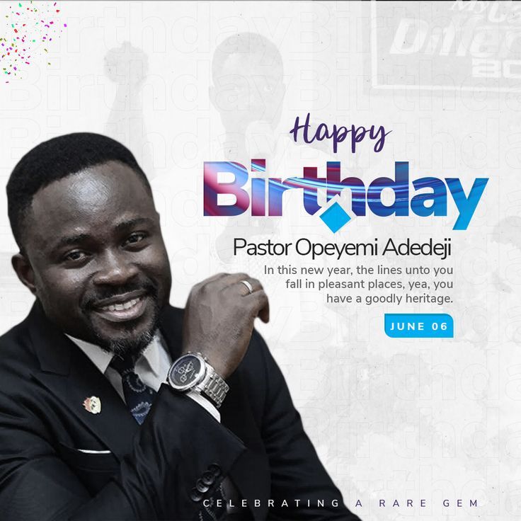 a man wearing a suit and tie with his arms crossed in front of him is the words happy birthday pastor opyemi adebeiji