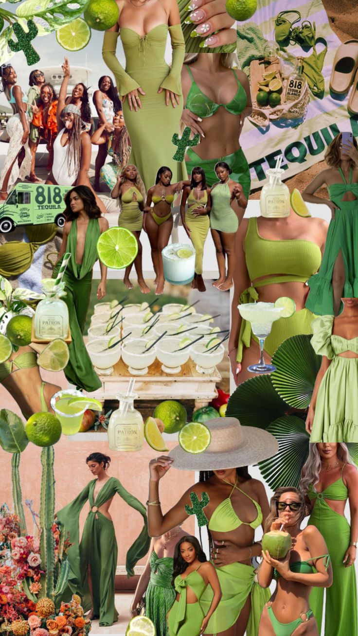 a collage of green and white pictures with women in bikinis, hats, and cocktail glasses