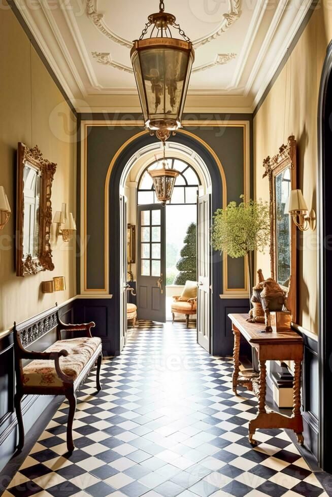 a hallway with black and white checkered flooring, chandelier and two benches