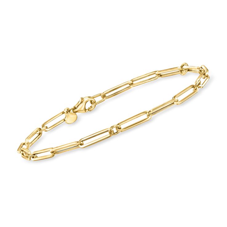 Ross-Simons - Italian 18kt Yellow Gold Paper Clip Link Bracelet. 8". Everyone loves paper clip links! Our must-have bracelet shines in rich 18kt yellow gold with a classic silhouette that looks luxe alone or paired with all of your favorite stackables. Made in Italy. Lobster clasp, 18kt yellow gold paper clip link bracelet. Paper Clip Bracelet, Italian Jewelry, Fine Jewelery, Jewelry Essentials, Gold Paper, Fine Jewelry Bracelets, Gold Bracelet Chain, Women Men Shoes, Classic Silhouette