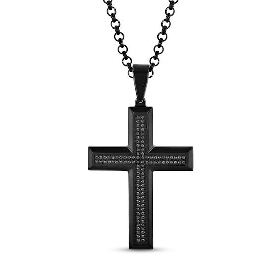 This men's black diamond and stainless steel cross pendant is elegance redefined. Stainless steel with black ion-plate. The classic design is centered with a double row of bold black diamonds. 1/2 ct. t.w. of diamonds. 24.0-inch box chain; lobster claw clasp. Diamond Cross Necklace, Stainless Steel Cross Pendant, Helzberg Diamonds, Steel Cross, Diamond Cross Pendants, Diamond Cross, Black Diamonds, Cross Jewelry, Champagne Diamond